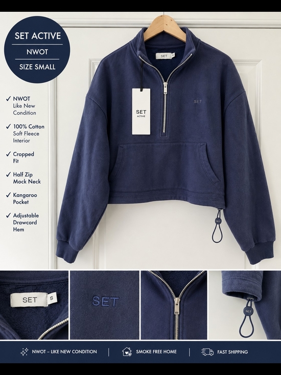 SET Active Tops - SET Active Navy Cropped Half Zip Fleece Sweatshirt Pullover NWOT Size Small